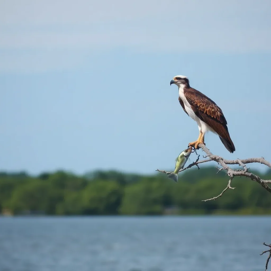 An osprey bird perched on a tree limb with water and fishing activity in the background