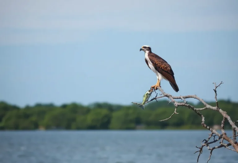 An osprey bird perched on a tree limb with water and fishing activity in the background