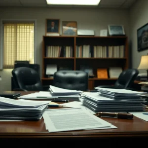 Courtroom scene during a real estate fraud case