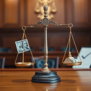 Courtroom scene with judge and lawyers discussing fraud case
