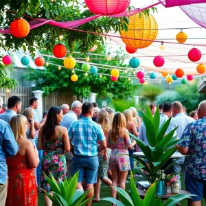 A lively garden party in Virginia Beach with music and guests.