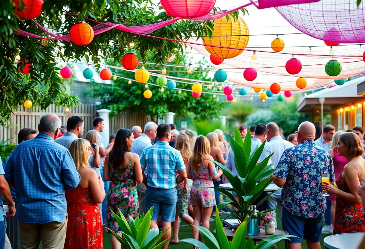 A lively garden party in Virginia Beach with music and guests.