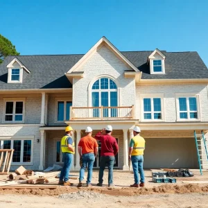 A construction site in Virginia Beach with workers and materials aligned for a home build.