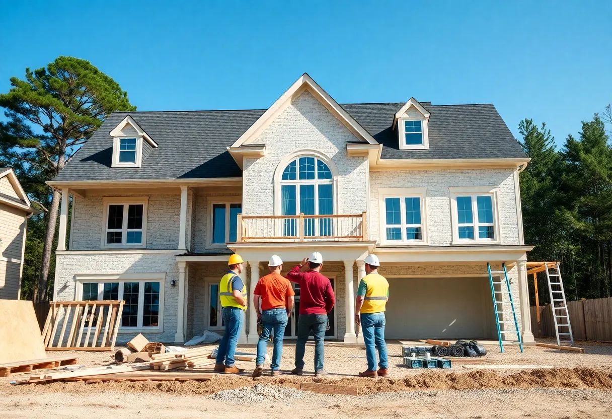A construction site in Virginia Beach with workers and materials aligned for a home build.