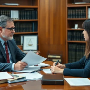 An attorney consulting with a client in an office.