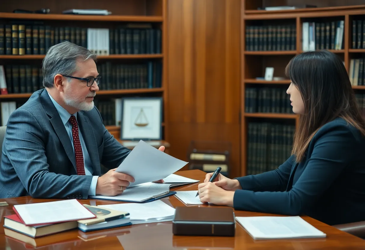 An attorney consulting with a client in an office.