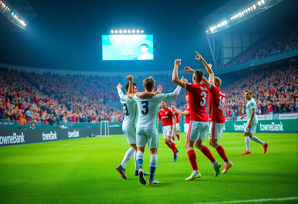 Lionsbridge FC players celebrating their victory at TowneBank Stadium