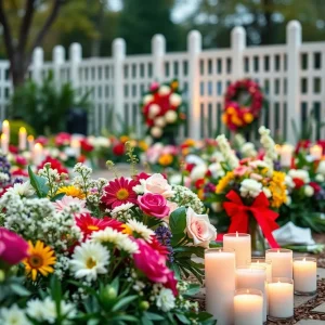 A serene scene of a memorial gathering with flowers and candles
