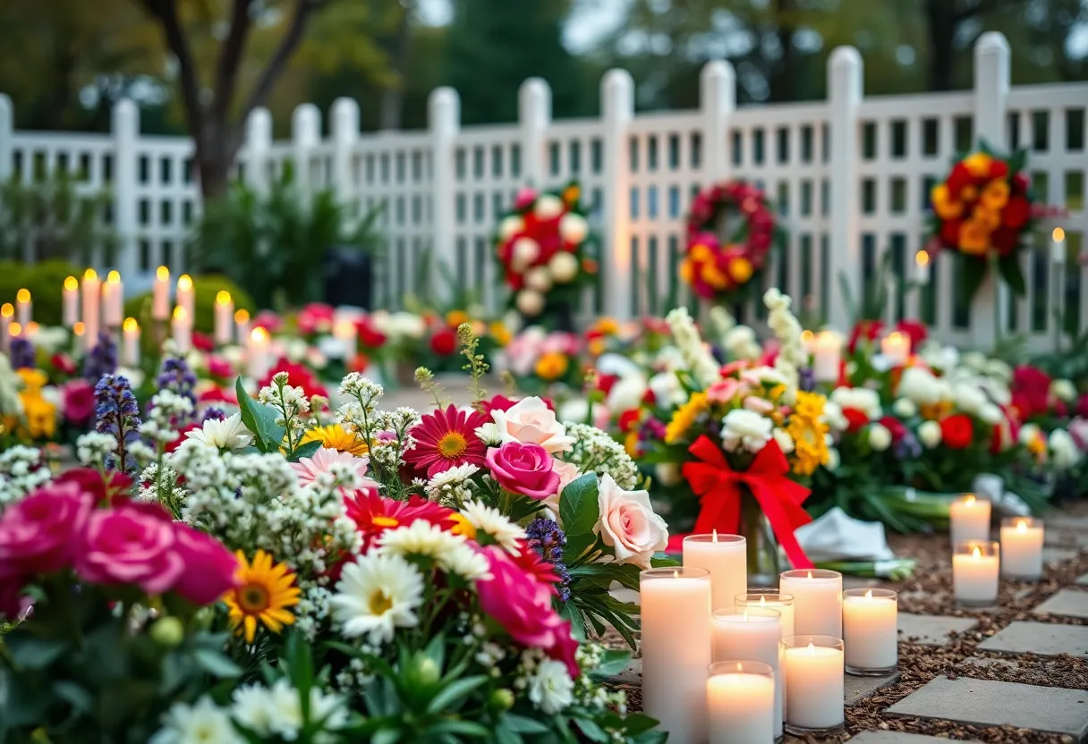 A serene scene of a memorial gathering with flowers and candles