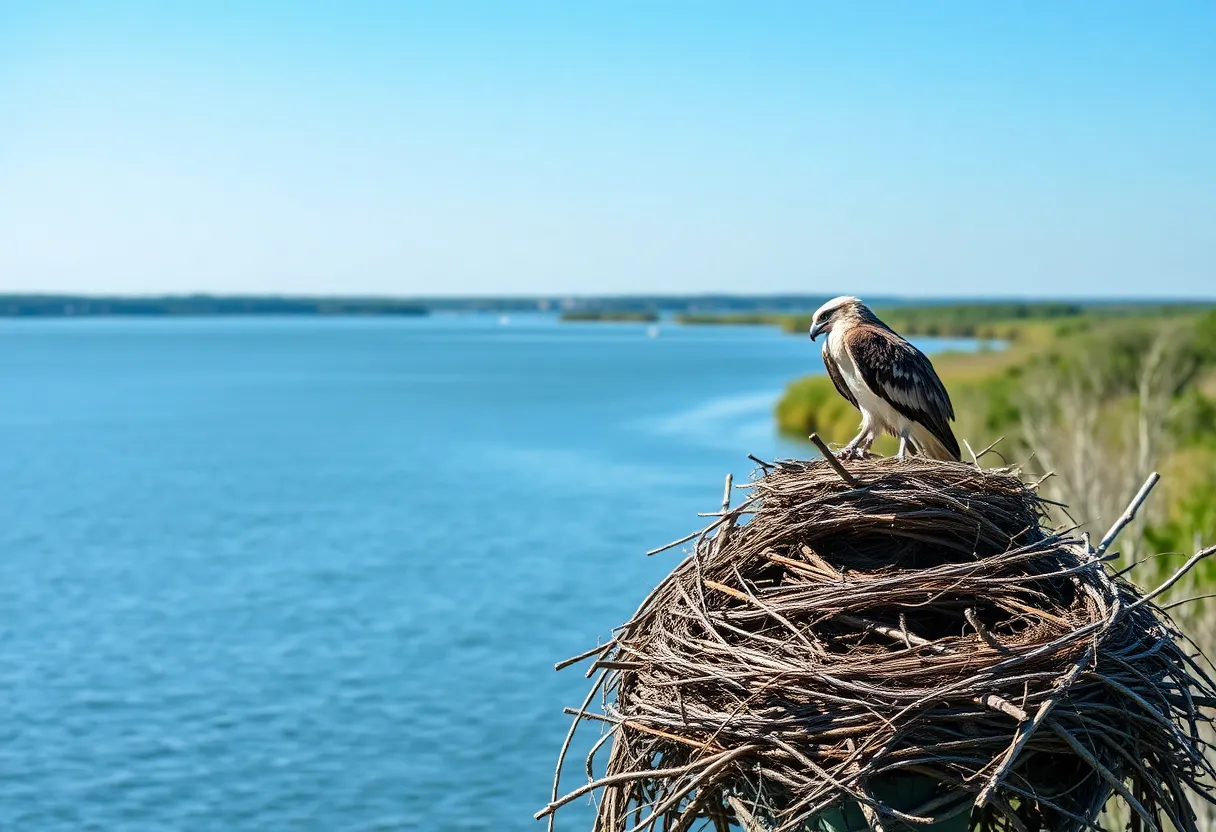 An osprey nest in the Chesapeake Bay region surrounded by water and greenery