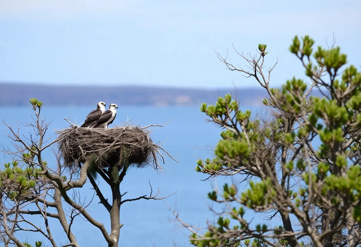 A pair of ospreys nesting in the Chesapeake Bay with visible young chicks.