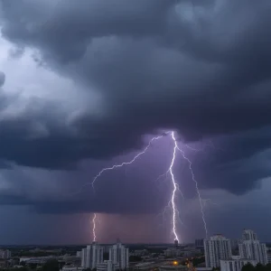 Dark storm clouds over Washington D.C. with lightning