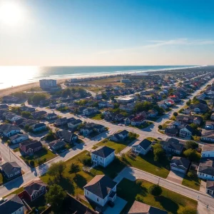 Aerial view of residential neighborhoods in Virginia Beach, showcasing homes and real estate.