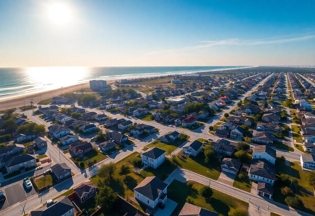 Aerial view of residential neighborhoods in Virginia Beach, showcasing homes and real estate.