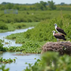 An osprey nest in Virginia wetlands surrounded by lush greenery