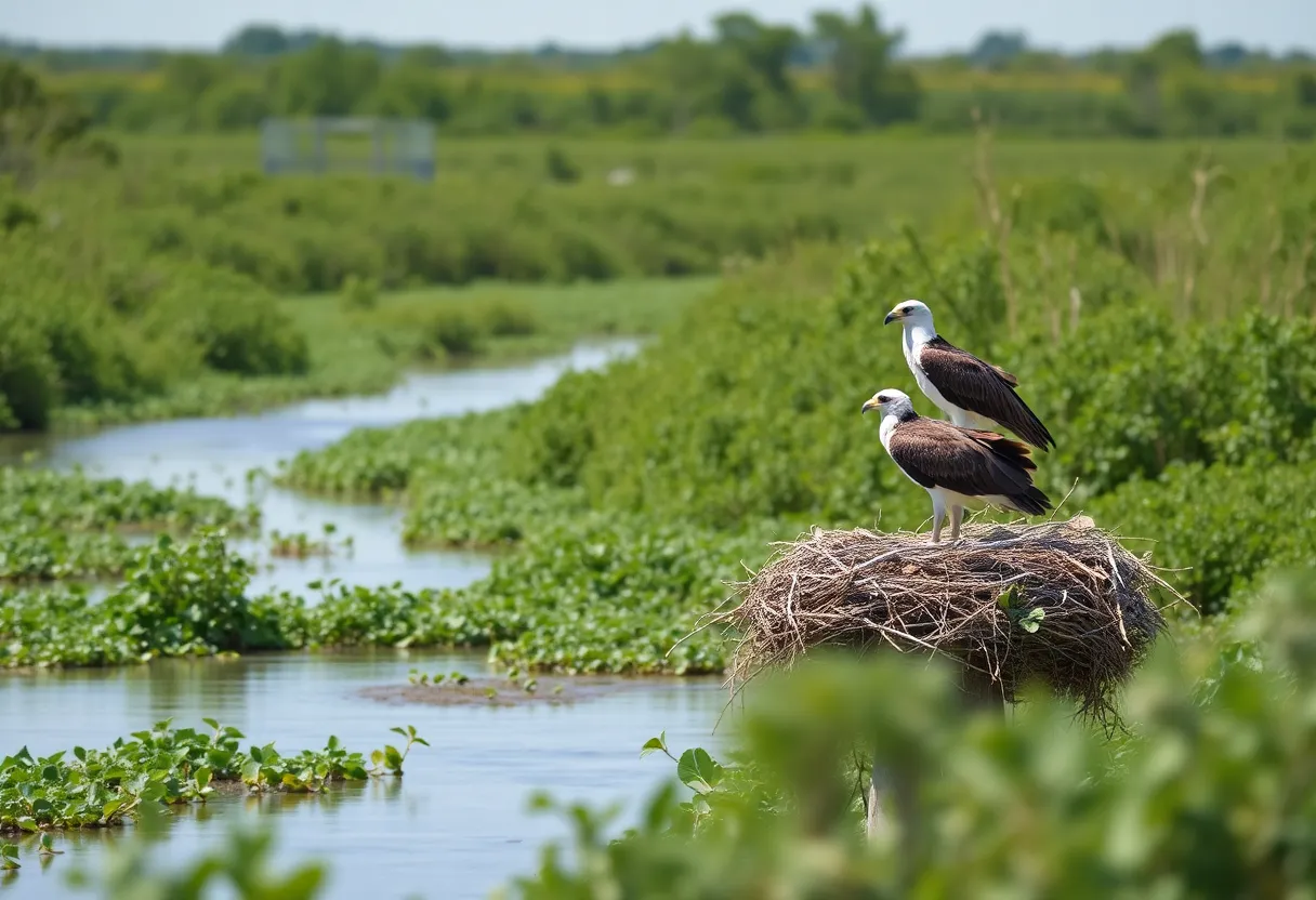 An osprey nest in Virginia wetlands surrounded by lush greenery