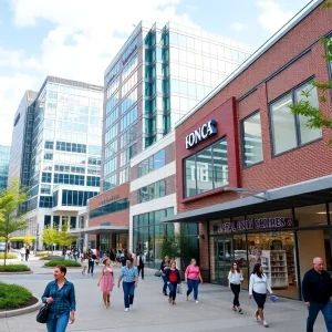 A bustling commercial district in Northern Virginia featuring office buildings and retail stores