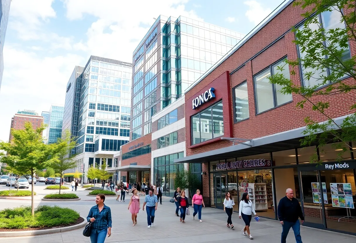 A bustling commercial district in Northern Virginia featuring office buildings and retail stores