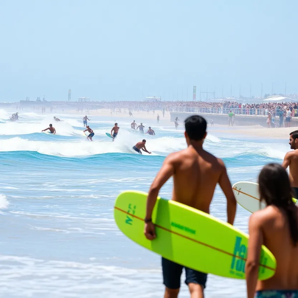Surfers competing in Encinitas with spectators on the beach