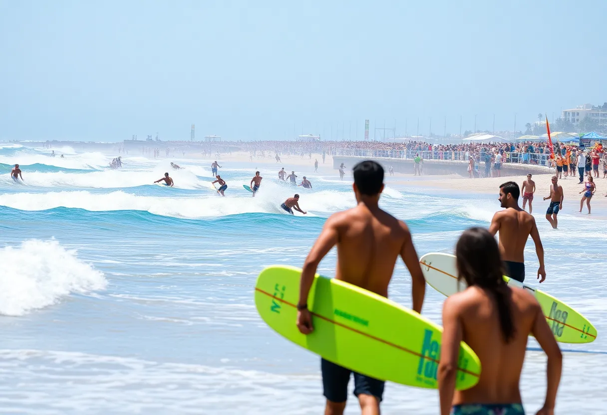 Surfers competing in Encinitas with spectators on the beach