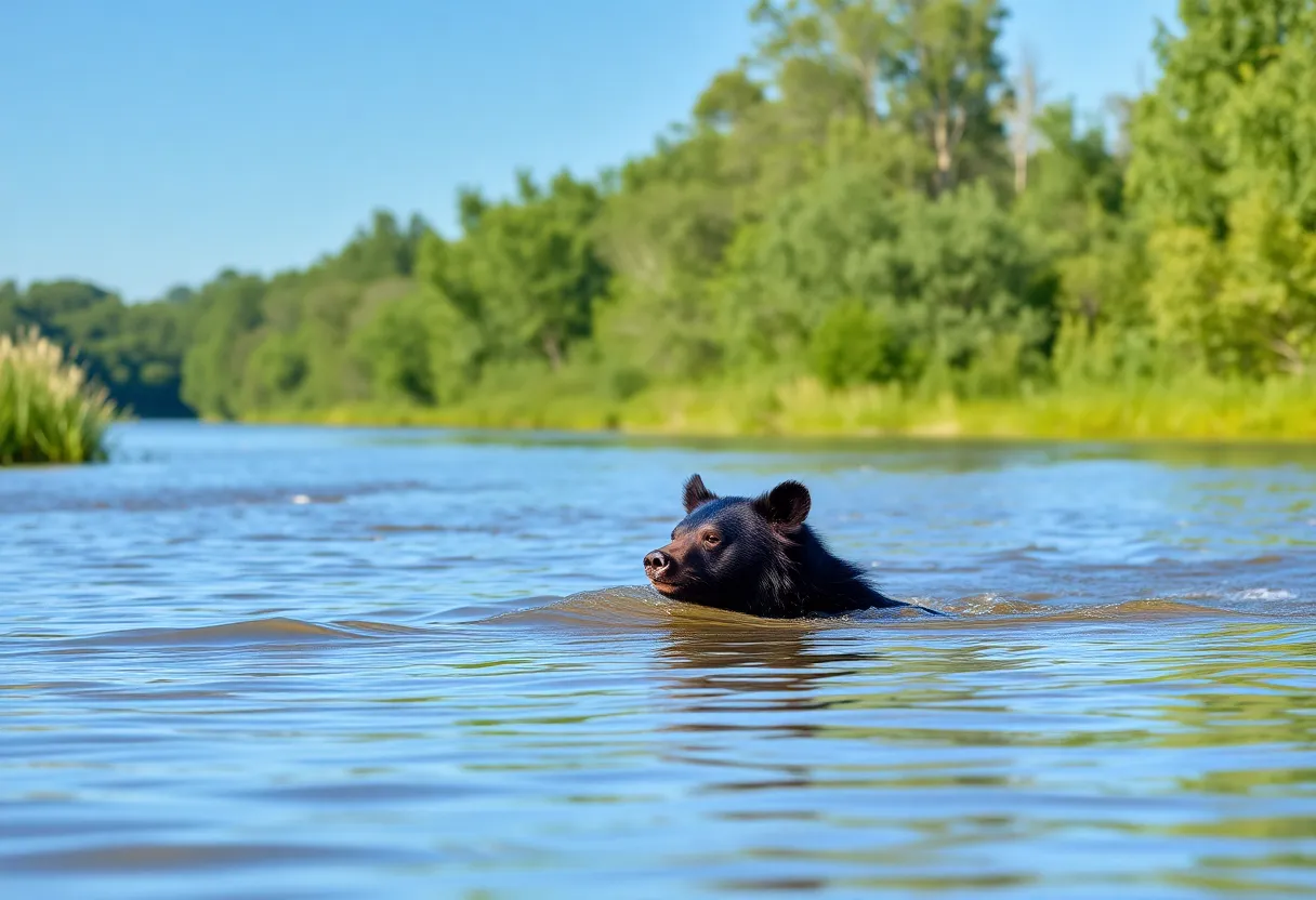A black bear swimming in the North Landing River in Virginia Beach, surrounded by nature.
