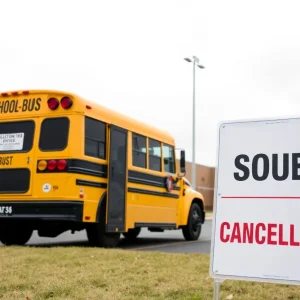 School bus parked outside with cancellation sign