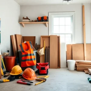 A well-organized DIY workspace with tools and safety gear for home renovations.