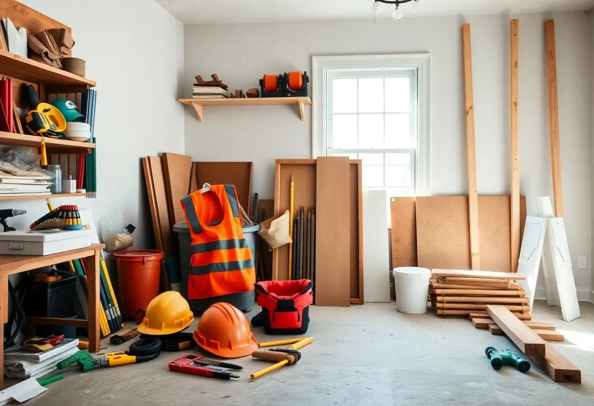 A well-organized DIY workspace with tools and safety gear for home renovations.