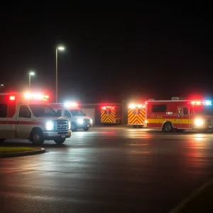 Emergency vehicles near a school parking lot following a tragic incident involving an infant.