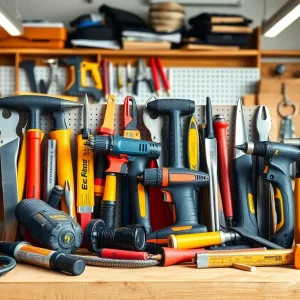 Various essential tools for DIY home building including drills, saws, and safety equipment.
