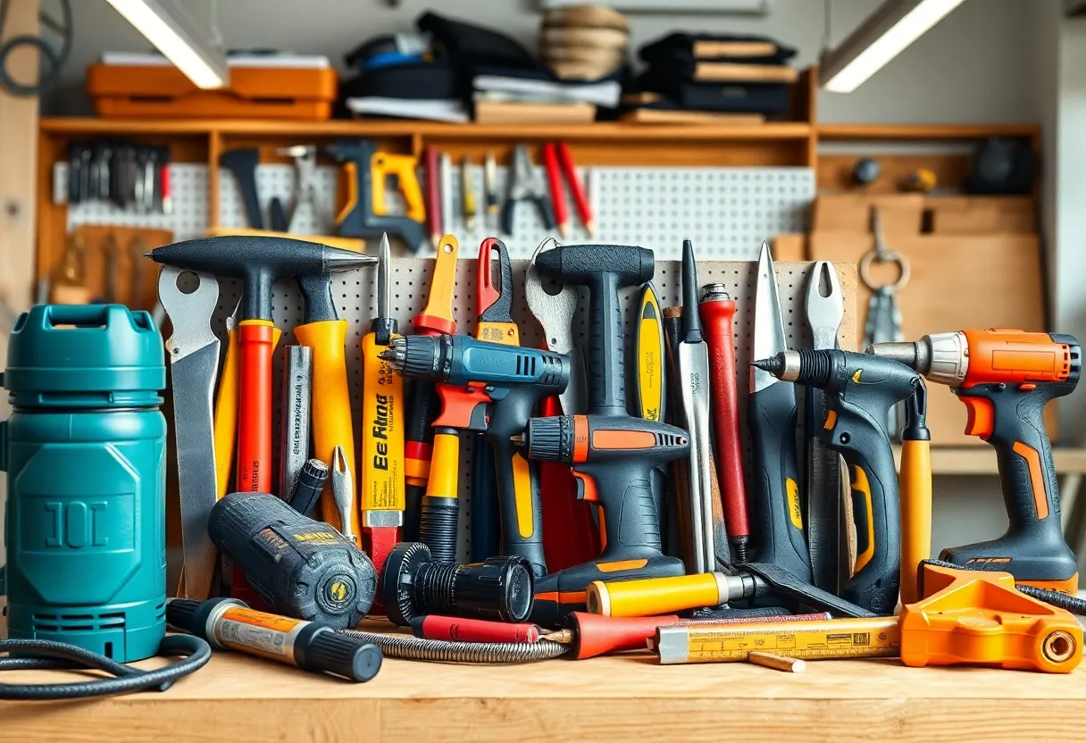Various essential tools for DIY home building including drills, saws, and safety equipment.