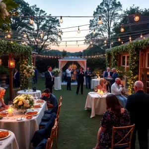 A vibrant garden party scene in Virginia Beach with attendees enjoying a summer evening.