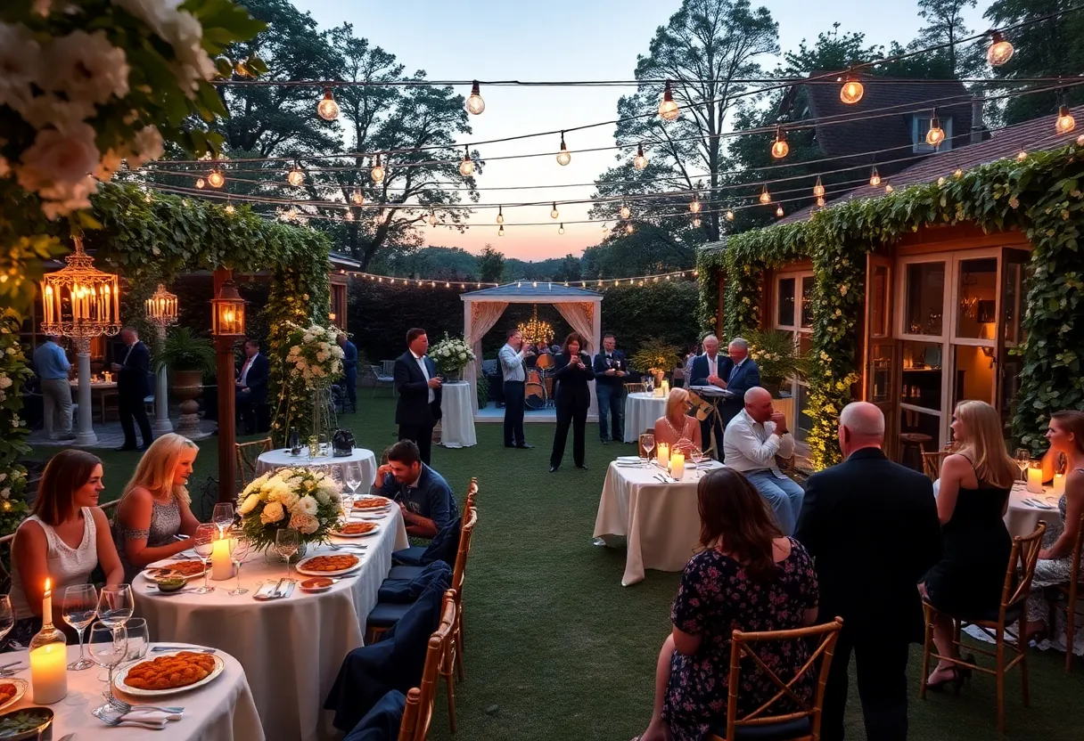 A vibrant garden party scene in Virginia Beach with attendees enjoying a summer evening.