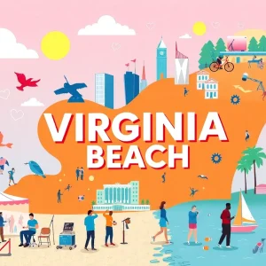Illustration of diverse health events in Virginia Beach, including conferences and outdoor activities.