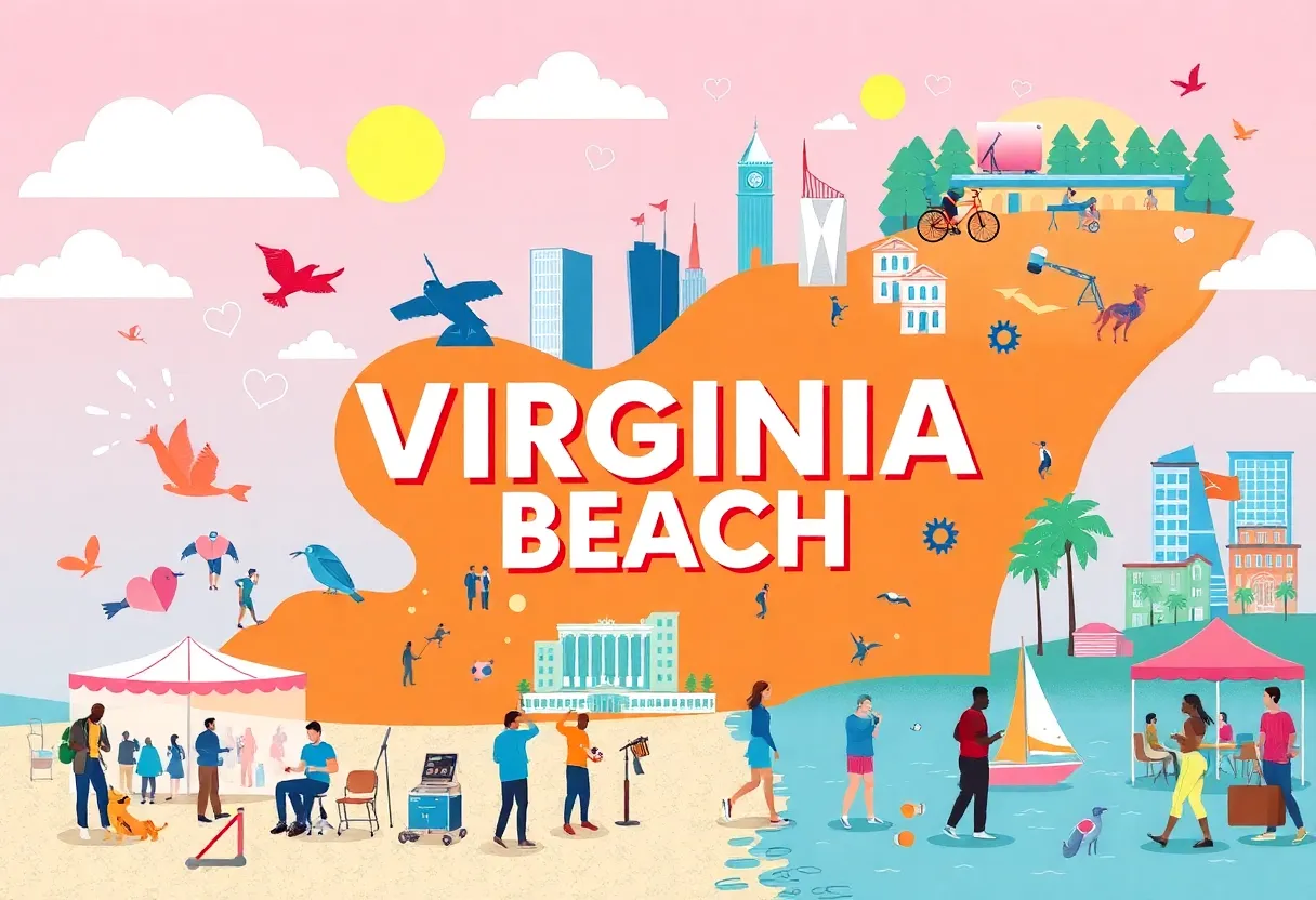 Illustration of diverse health events in Virginia Beach, including conferences and outdoor activities.