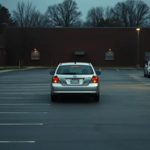 A parked vehicle in a school parking lot associated with a tragic incident