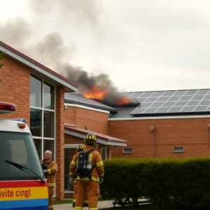 Firefighters responding to a fire on the roof of Lunenburg Middle High School