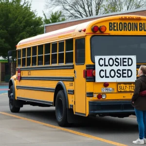Empty school playground with a parked school bus in front of a closed school.