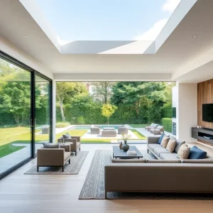 A modern home with a seamless transition between indoor and outdoor spaces.