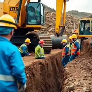 Construction workers performing a rescue operation in a deep trench