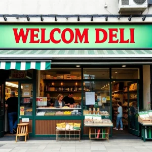 Exterior view of a busy deli in Virginia Beach with people entering and fresh baked goods visible.
