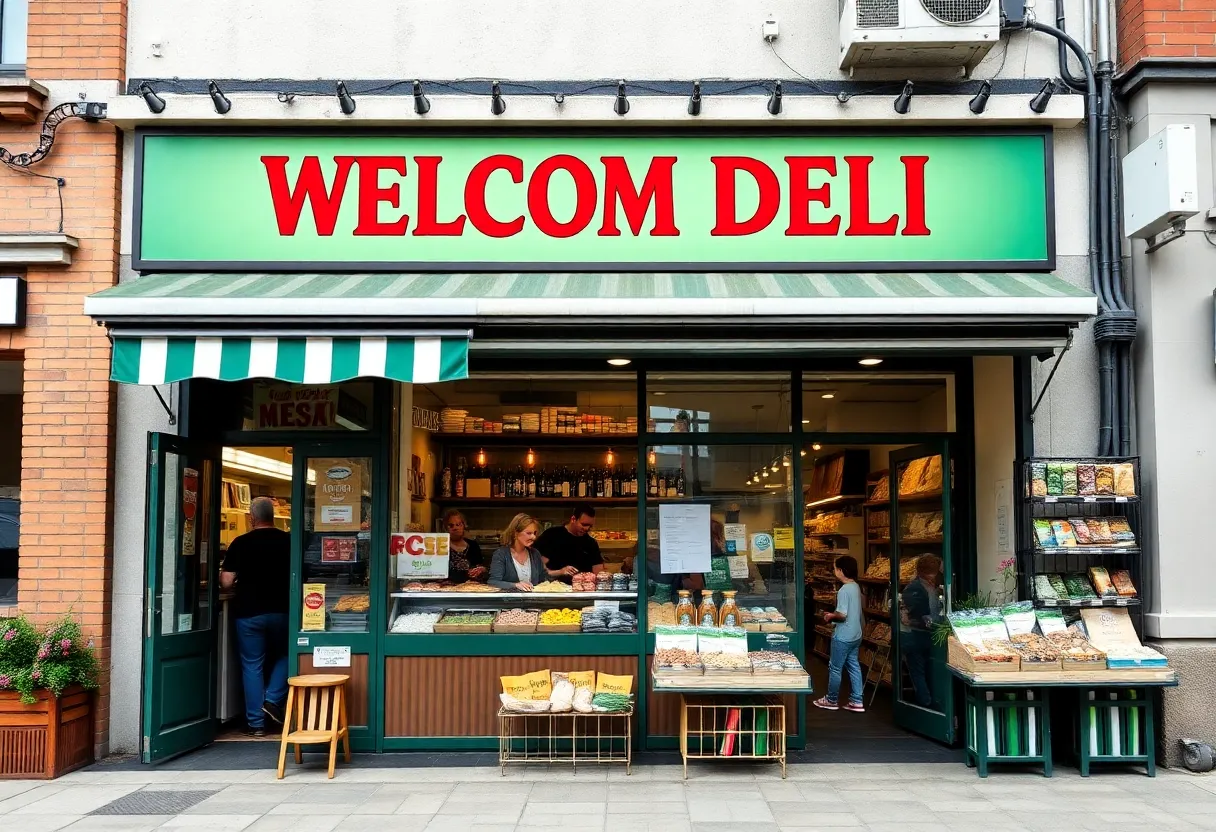 Exterior view of a busy deli in Virginia Beach with people entering and fresh baked goods visible.