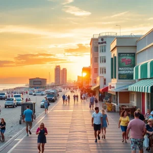 Crowd enjoying the Virginia Beach boardwalk with outdoor dining and lively festivities during Labor Day weekend