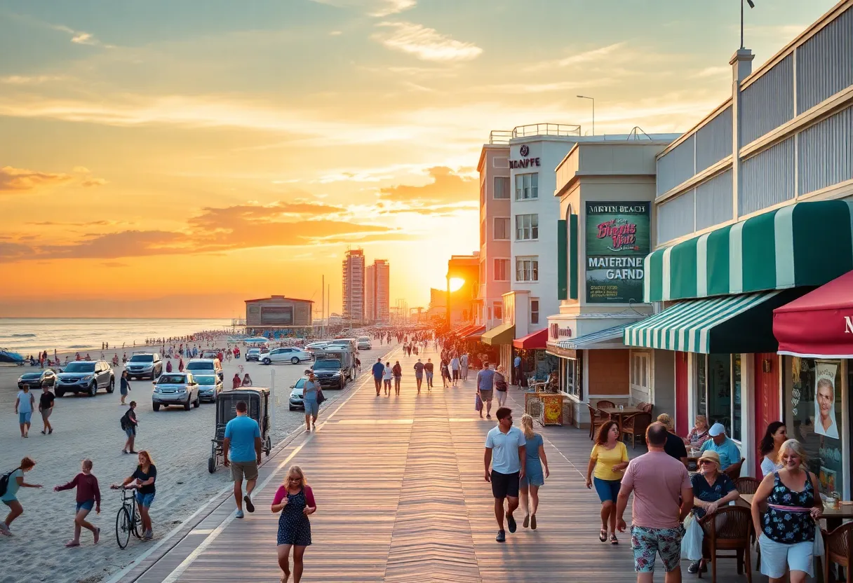 Tourists and locals enjoying the Virginia Beach boardwalk during Labor Day weekend.