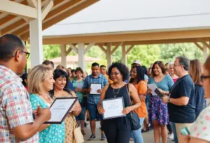 People receiving awards at a community event outdoors