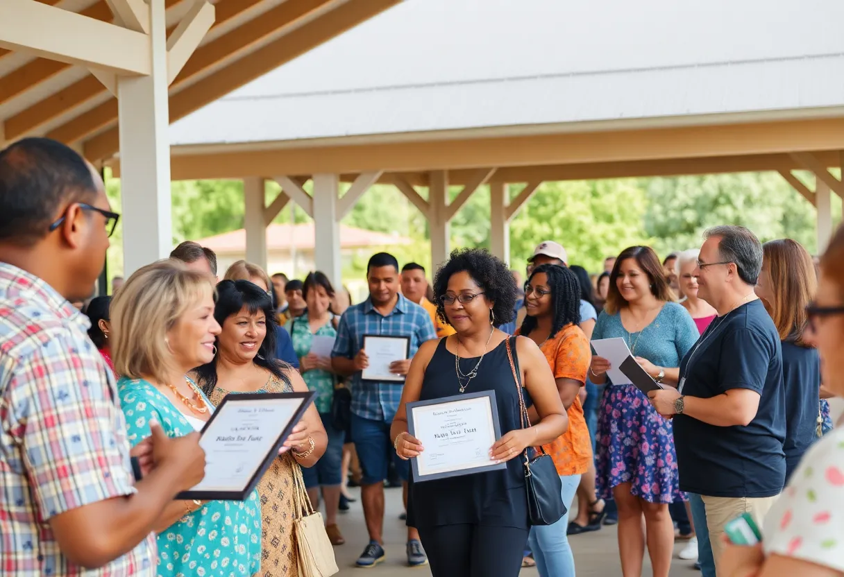 People receiving awards at a community event outdoors