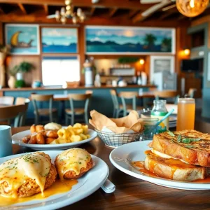 Guests enjoying brunch at a coastal Virginia Beach restaurant with seaside decor and colorful dishes on the table.