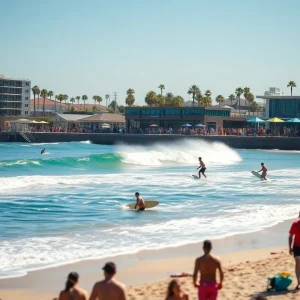 Surfers riding waves at Virginia Beach's new surf park with a bustling beach background