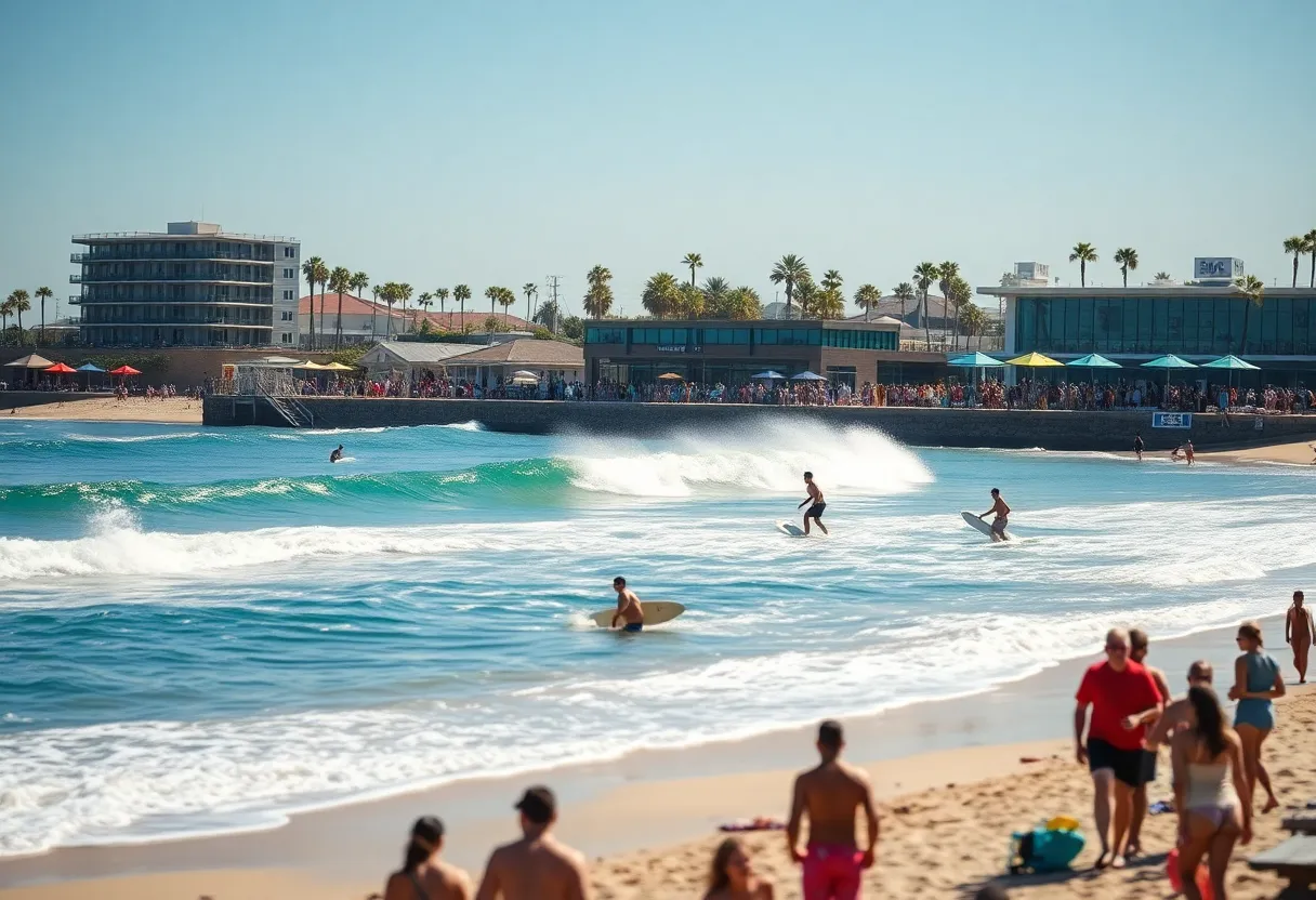 Surfers riding waves at Virginia Beach's new surf park with a bustling beach background