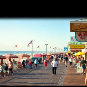 Crowds of tourists enjoying the Virginia Beach Oceanfront with shops and beach in the background